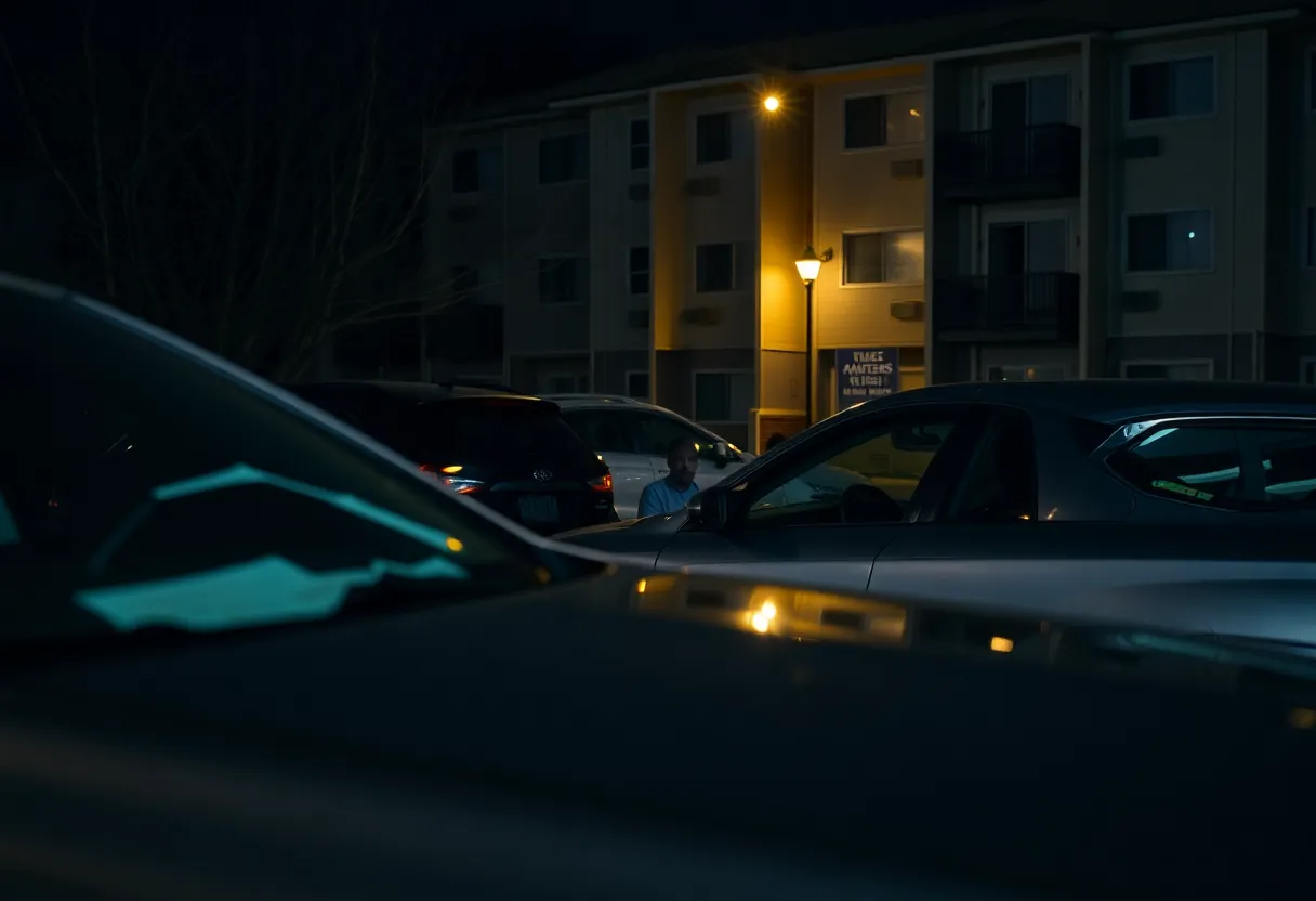 Broken car window in a parking lot at night.