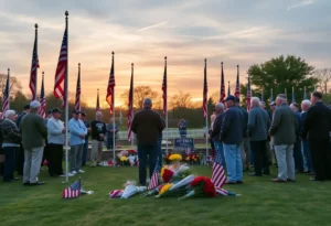 Vietnam veterans at a memorial site paying tribute.