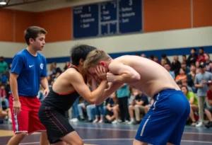 Wrestlers competing in a match at a high school gym in Bowling Green