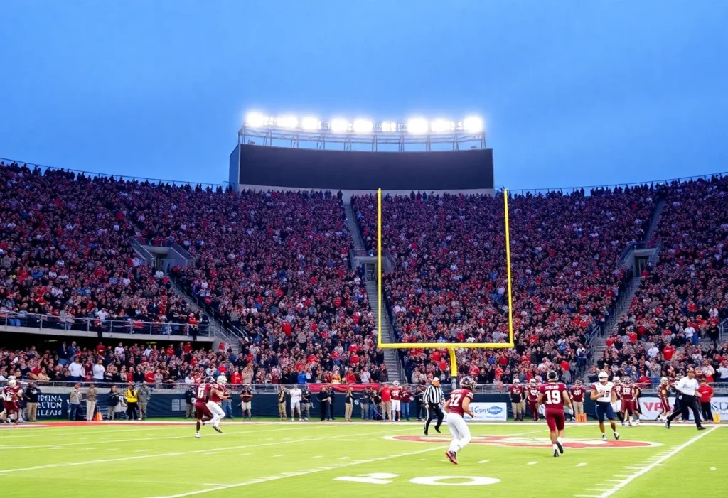 Collegiate football game with players and fans in an overtime setting.