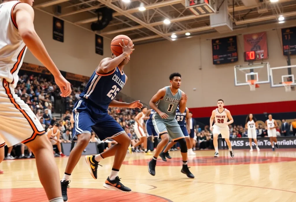 Players from WKU and Kentucky Wesleyan competing on the basketball court during an exhibition game.