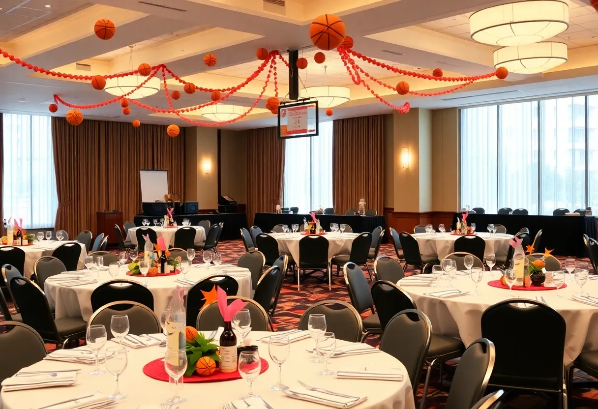 Setting for WKU Basketball Tipoff Luncheon with basketball decor