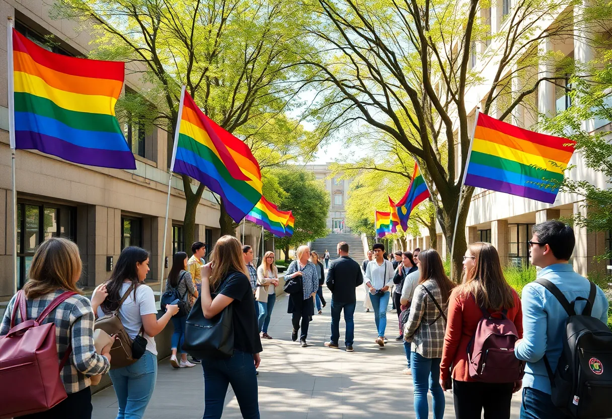 Students at WKU discussing LGBTQ+ topics near Pride flags.