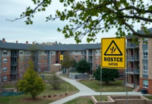 Construction signs at WKU dormitories indicating repairs