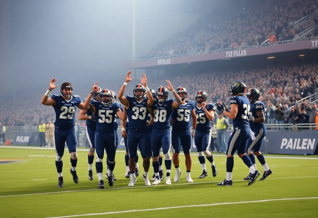 WKU Football team celebrating a win on the field.