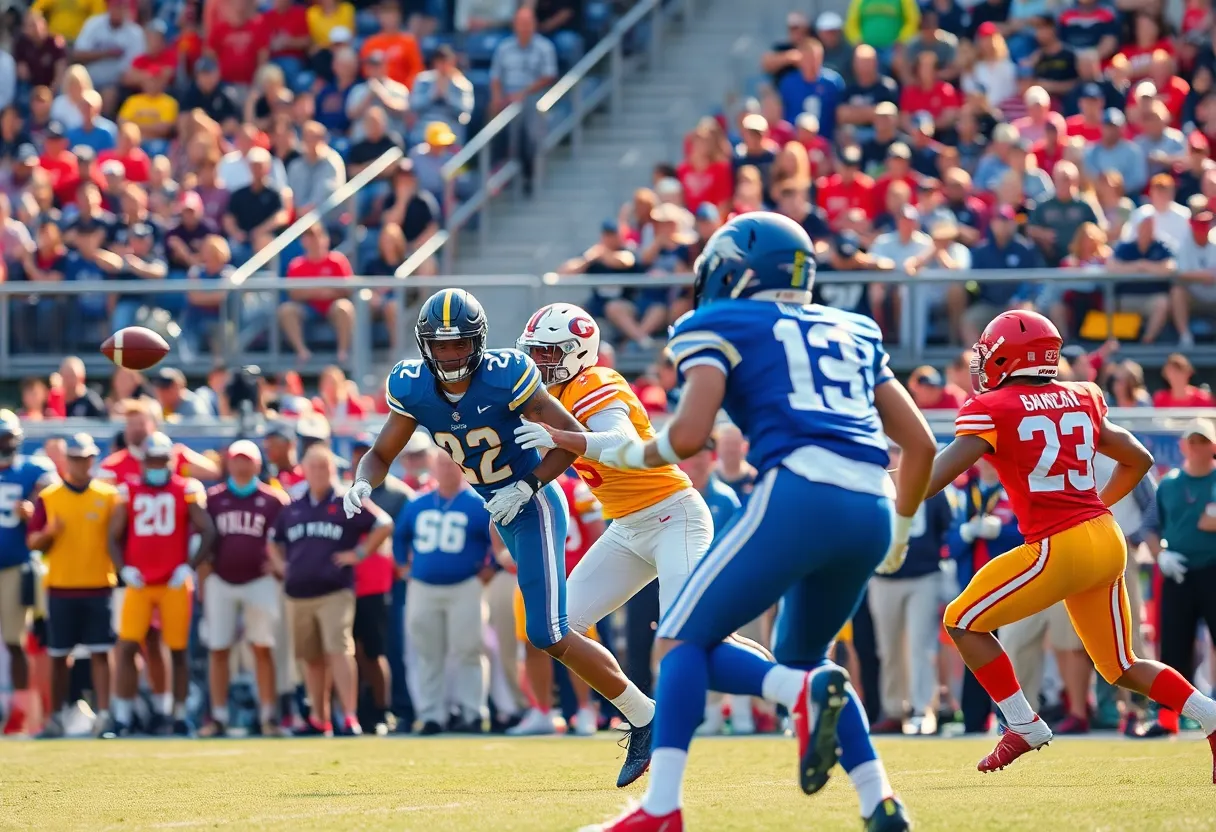 WKU Football players during a game, showcasing teamwork and sportsmanship.