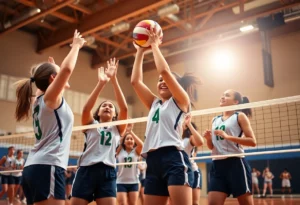WKU Volleyball players celebrating a match victory