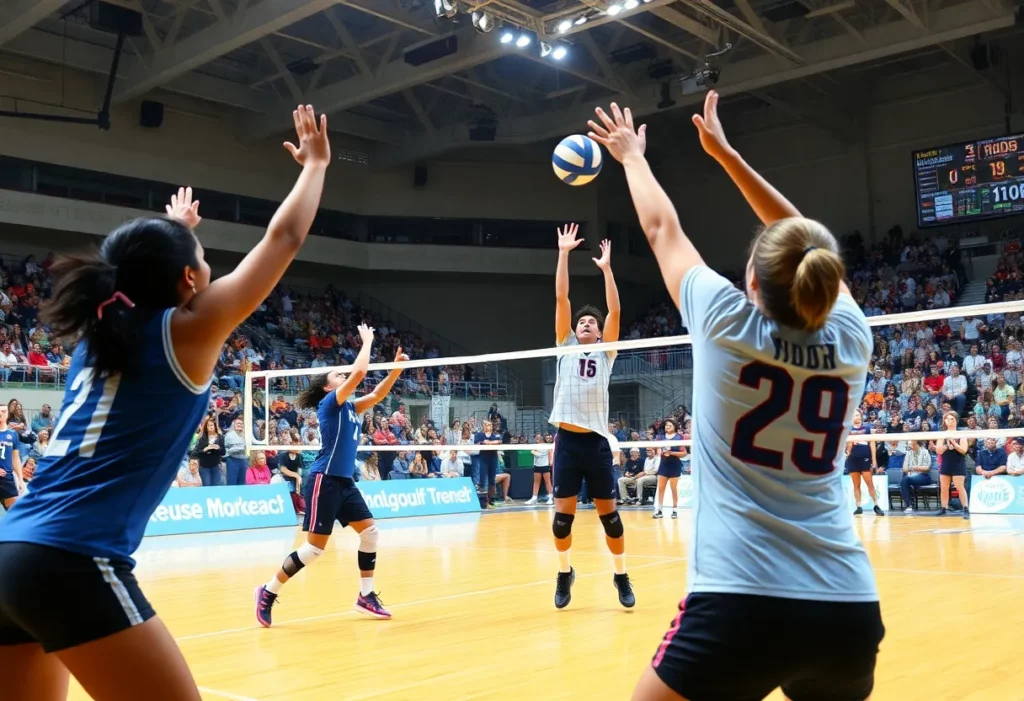 WKU Volleyball team celebrating on the court after achieving 100 consecutive conference wins.