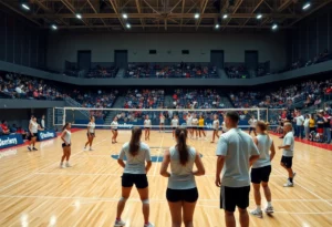 WKU volleyball team warming up on the court ahead of the match against Jacksonville State