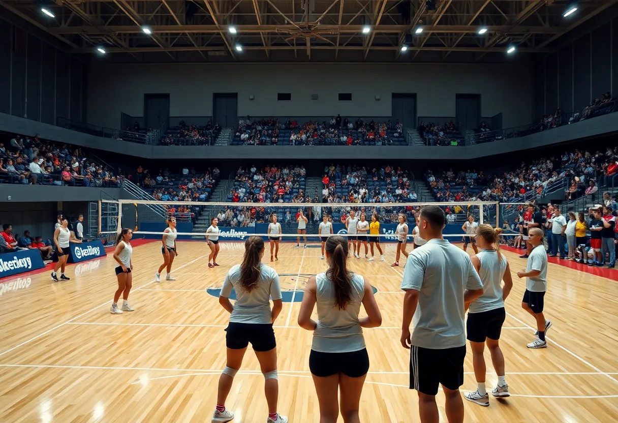 WKU volleyball team warming up on the court ahead of the match against Jacksonville State