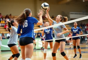 WKU volleyball players competing in a match showcasing teamwork and athleticism.