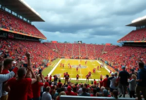 Western Kentucky players in a football game against Delaware with fans cheering in the background.