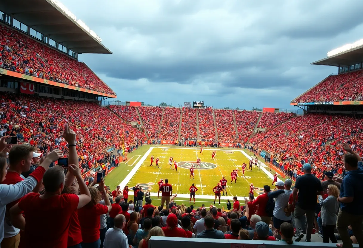 Western Kentucky players in a football game against Delaware with fans cheering in the background.