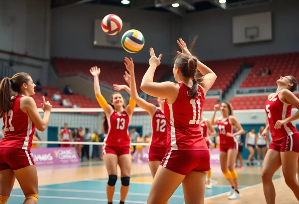 WKU Volleyball players celebrating a victory on the court
